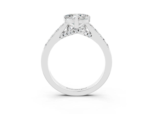 White gold Heart Cut Moissanite Solitaire Ring with Crossover Gallery and Round  Pavé Band