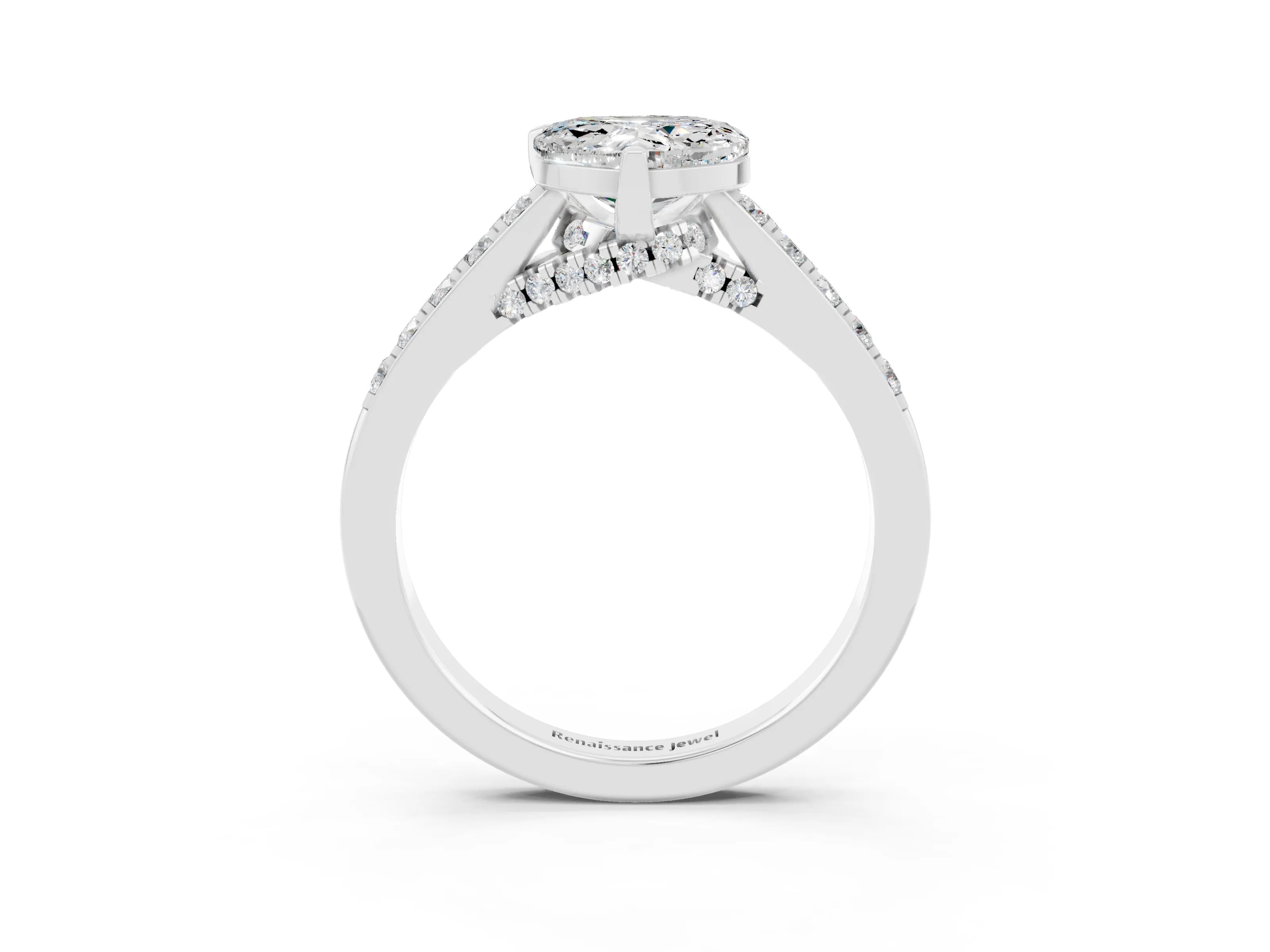 White gold Heart Cut Diamond Solitaire Ring with Pavé Band and Prong Setting_3