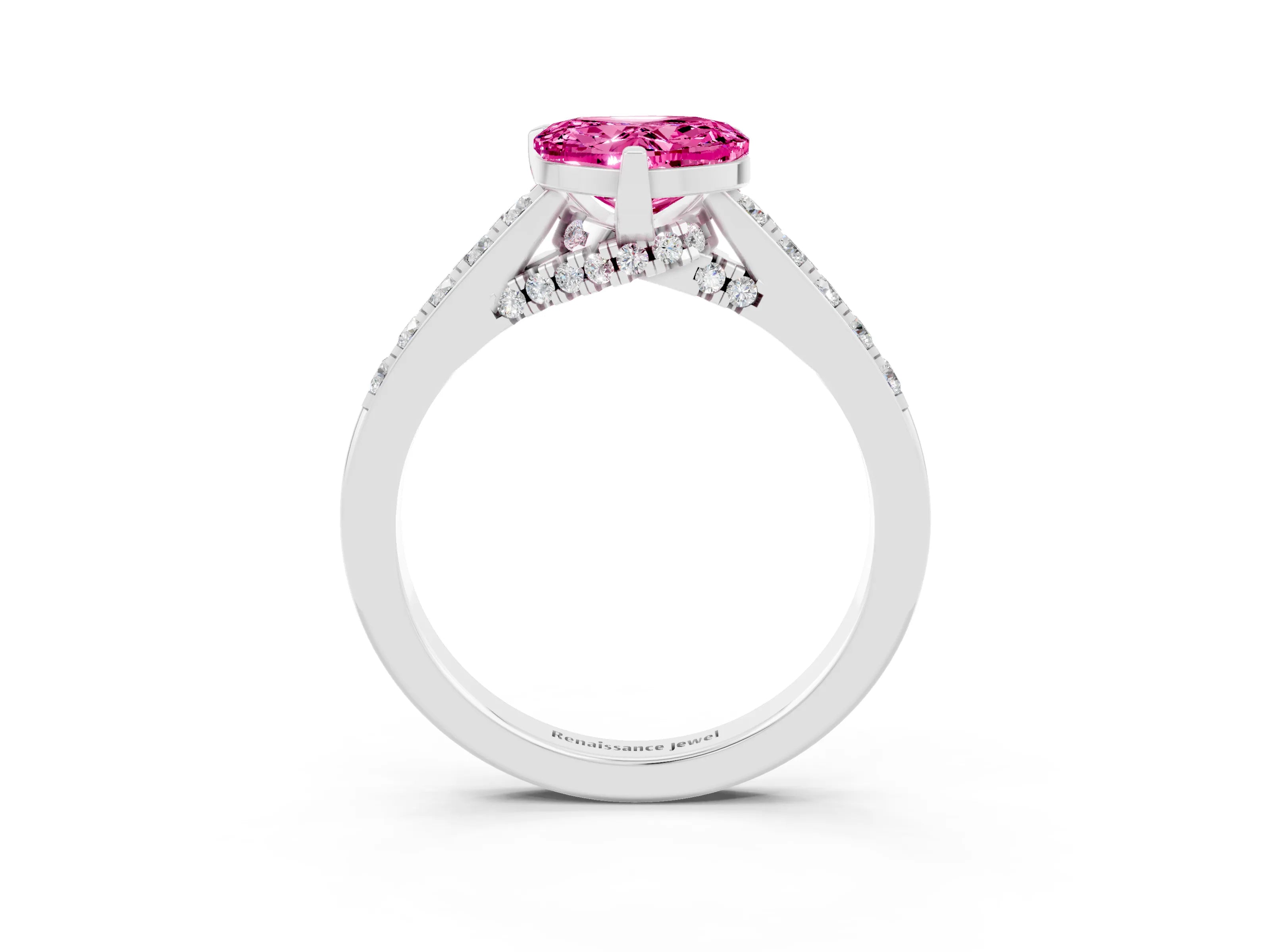 White gold Heart Cut Diamond Solitaire Ring with Pavé Band and Prong Setting_3