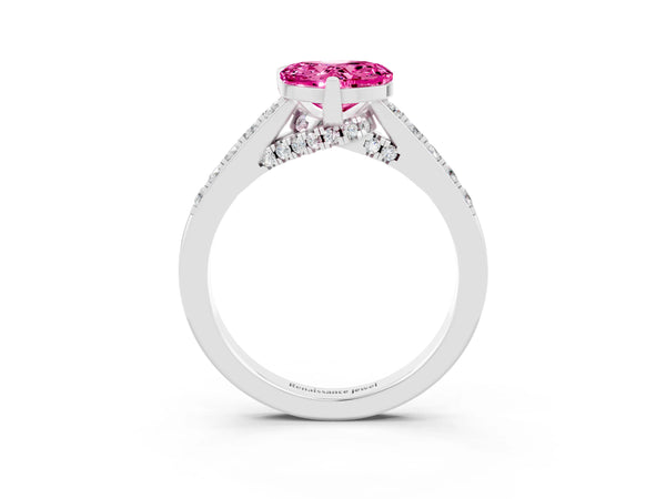 Platinum Heart Cut Pink Sapphire Solitaire Ring with Crossover Gallery and Round  Pavé Band