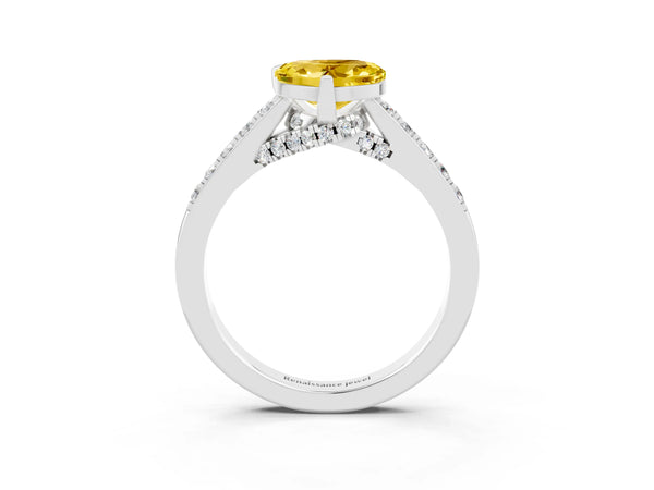 White gold Heart Cut Yellow Sapphire Solitaire Ring with Crossover Gallery and Round  Pavé Band