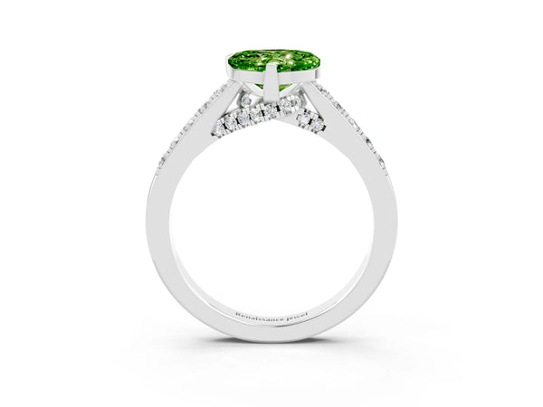 Platinum Heart Cut Peridot Solitaire Ring with Crossover Gallery and Round  Pavé Band