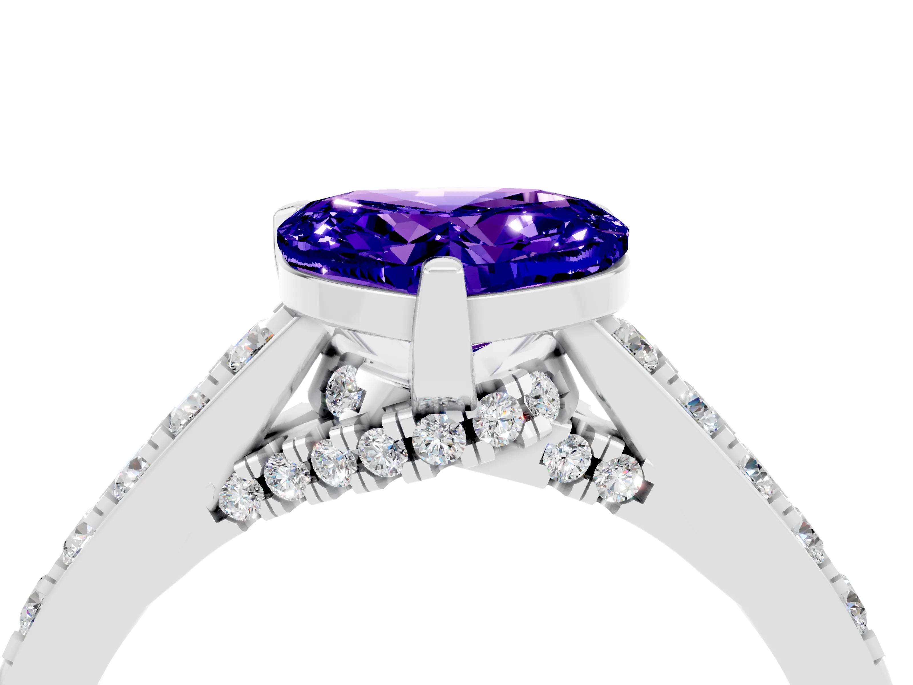 White gold Heart Cut Diamond Solitaire Ring with Pavé Band and Prong Setting_4