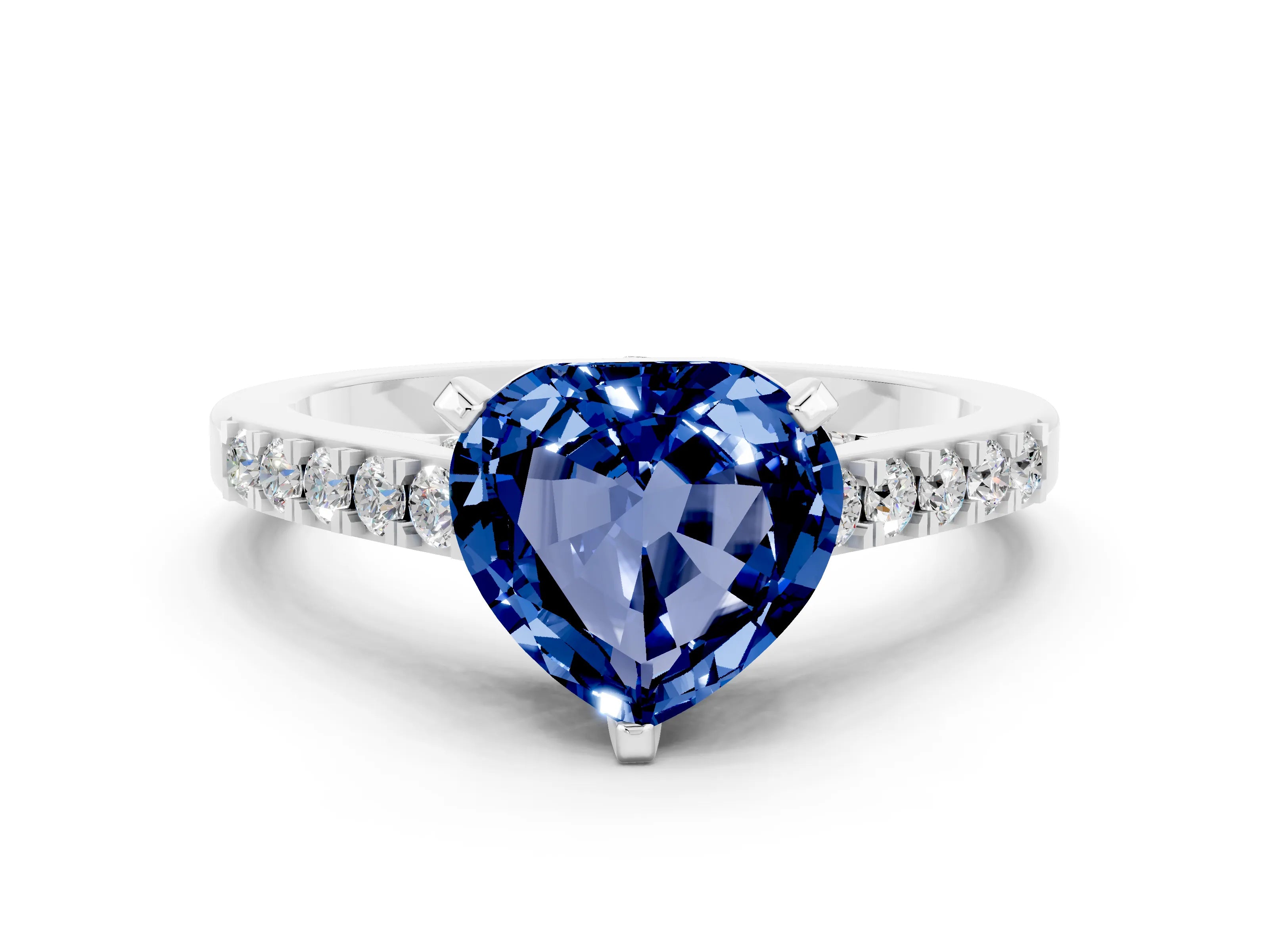 White gold Heart Cut Diamond Solitaire Ring with Pavé Band and Prong Setting