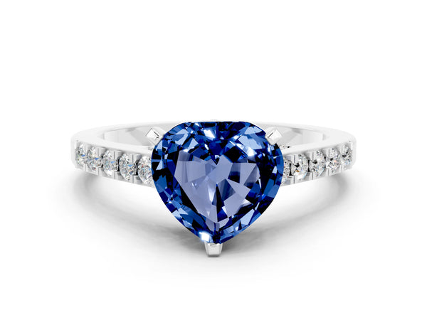 White gold Heart Cut Blue Sapphire Solitaire Ring with Crossover Gallery and Round  Pavé Band