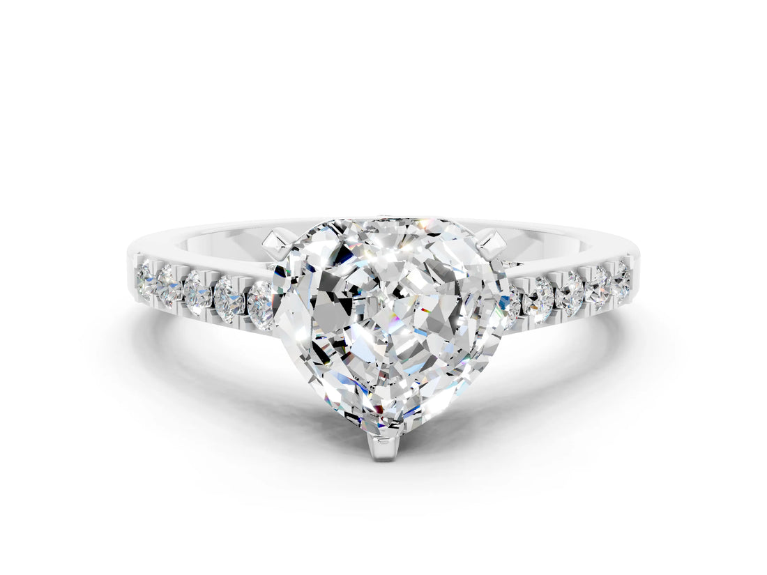 White gold Heart Cut Diamond Solitaire Ring with Pavé Band and Prong Setting