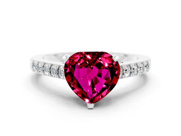Platinum Heart Cut Garnet Solitaire Ring with Crossover Gallery and Round  Pavé Band