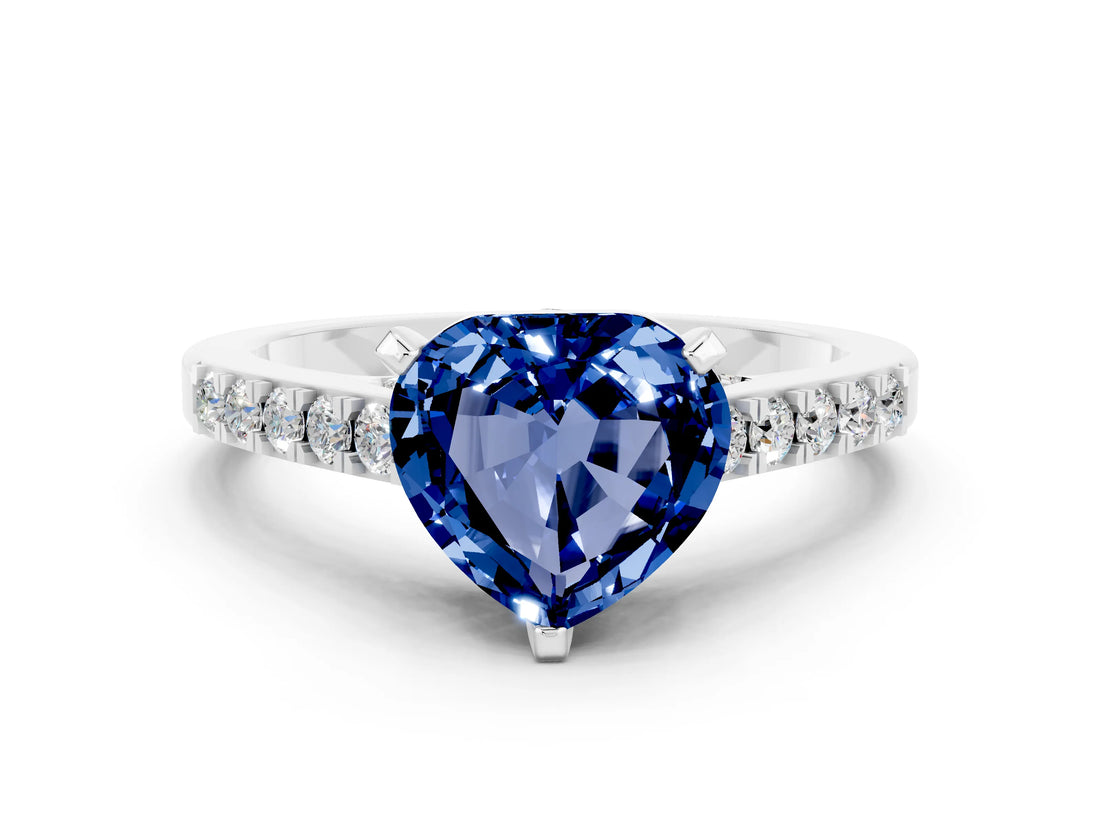 White gold Heart Cut Diamond Solitaire Ring with Pavé Band and Prong Setting