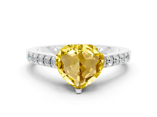 White gold Heart Cut Yellow Sapphire Solitaire Ring with Crossover Gallery and Round  Pavé Band