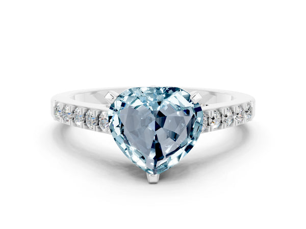 Platinum Heart Cut Aquamarine Solitaire Ring with Crossover Gallery and Round  Pavé Band