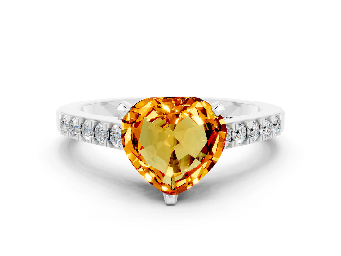 White gold Heart Cut Diamond Solitaire Ring with Pavé Band and Prong Setting