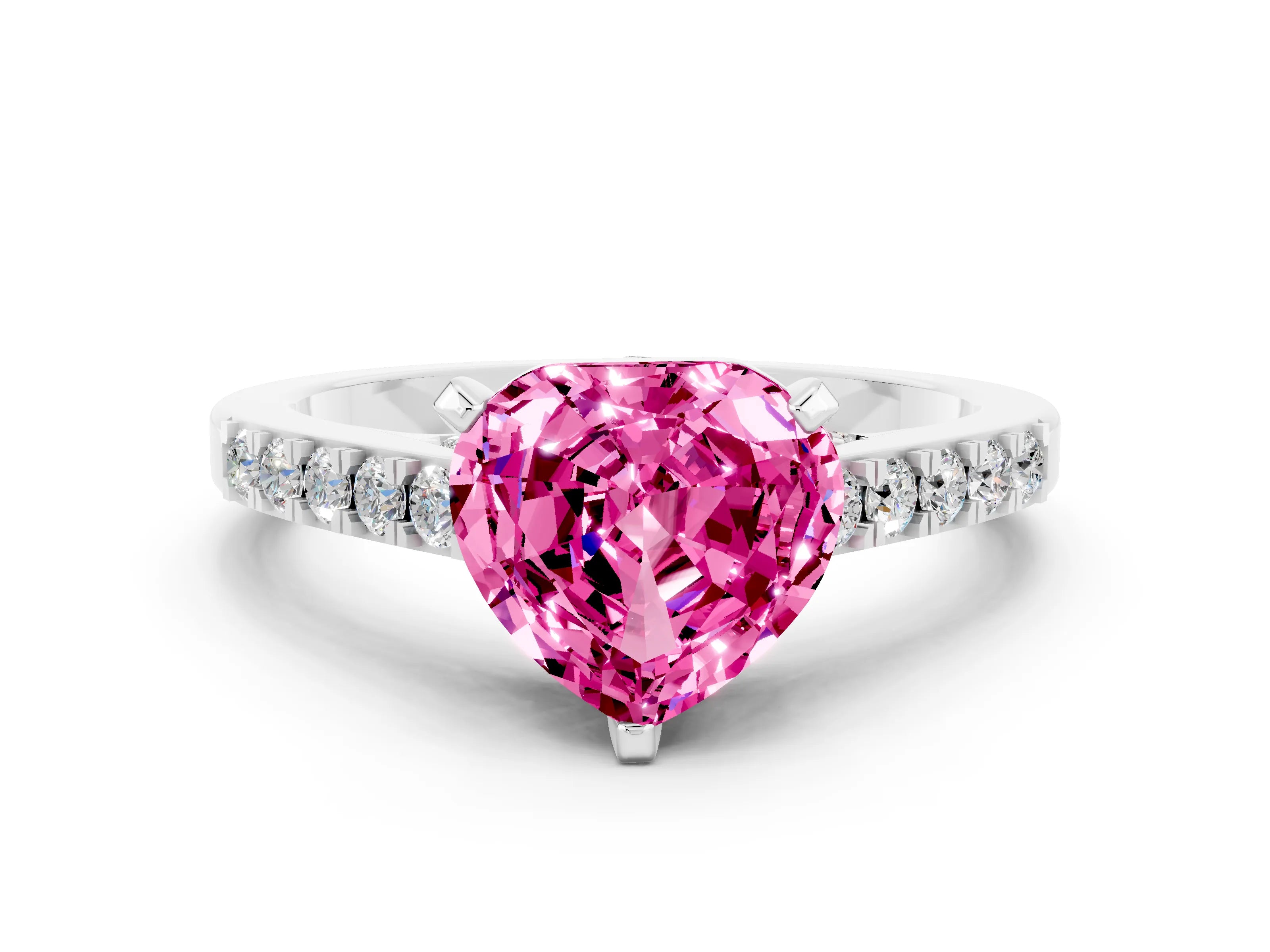 White gold Heart Cut Diamond Solitaire Ring with Pavé Band and Prong Setting