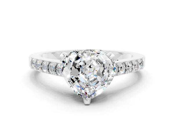 Silver Heart Cut Moissanite Solitaire Ring with Crossover Gallery and Round  Pavé Band