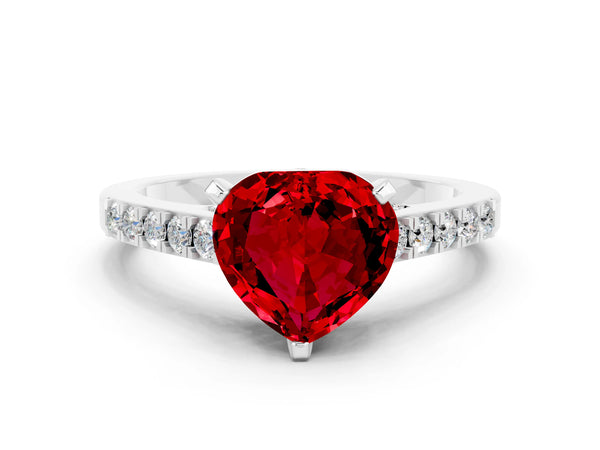 Platinum Heart Cut Ruby Solitaire Ring with Crossover Gallery and Round  Pavé Band