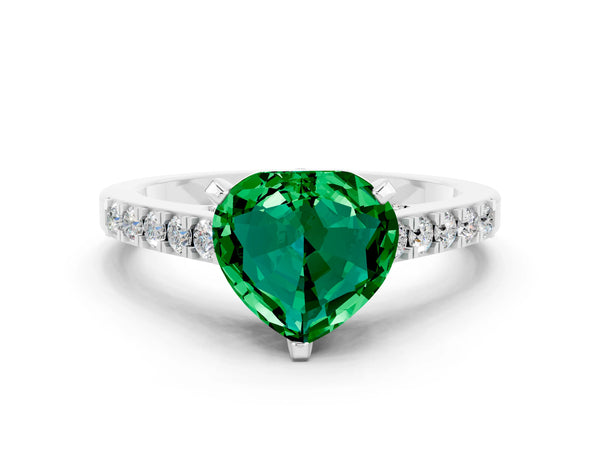 Platinum Heart Cut Emerald Solitaire Ring with Crossover Gallery and Round  Pavé Band