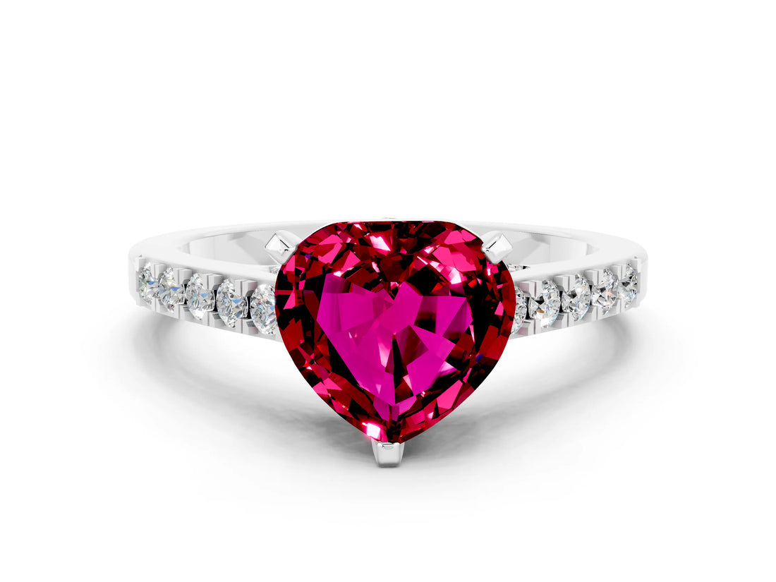 White gold Heart Cut Diamond Solitaire Ring with Pavé Band and Prong Setting