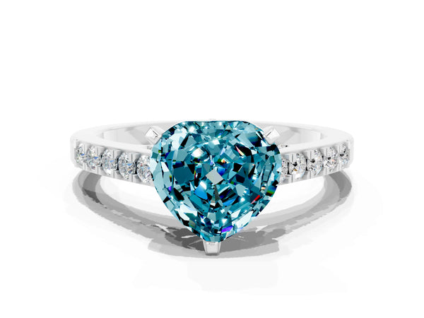 Silver Heart Cut Blue Topaz Solitaire Ring with Crossover Gallery and Round  Pavé Band