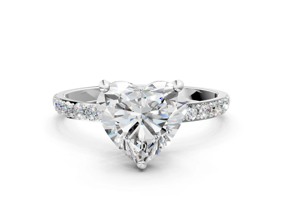 White gold Heart Cut Diamond Solitaire Ring with Pave Band and Four Prong Setting_182