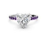 White gold Heart Cut Diamond Solitaire Ring with Round with Amethyst side stone Pavé Band and Prong Setting