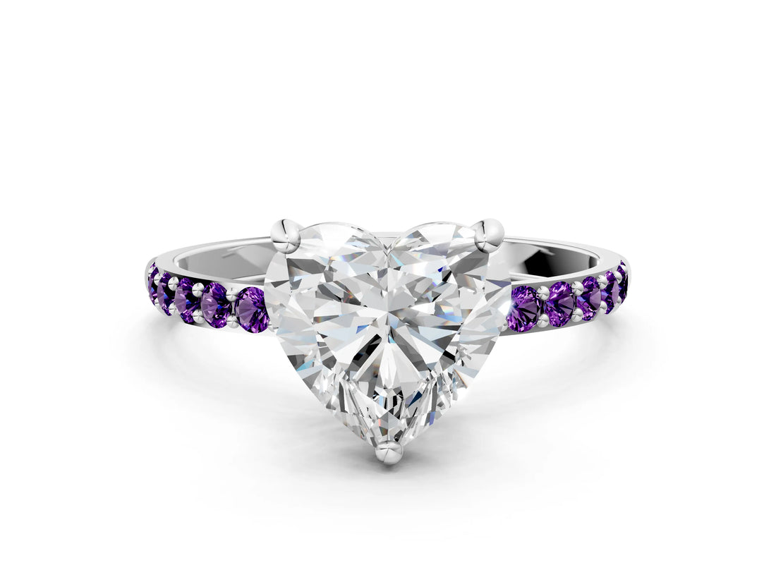 White gold Heart Cut Diamond Solitaire Ring with Round with Amethyst side stone Pavé Band and Prong Setting_12