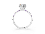 White gold Heart Cut Diamond Solitaire Ring with Round with Amethyst side stone Pavé Band and Prong Setting_3