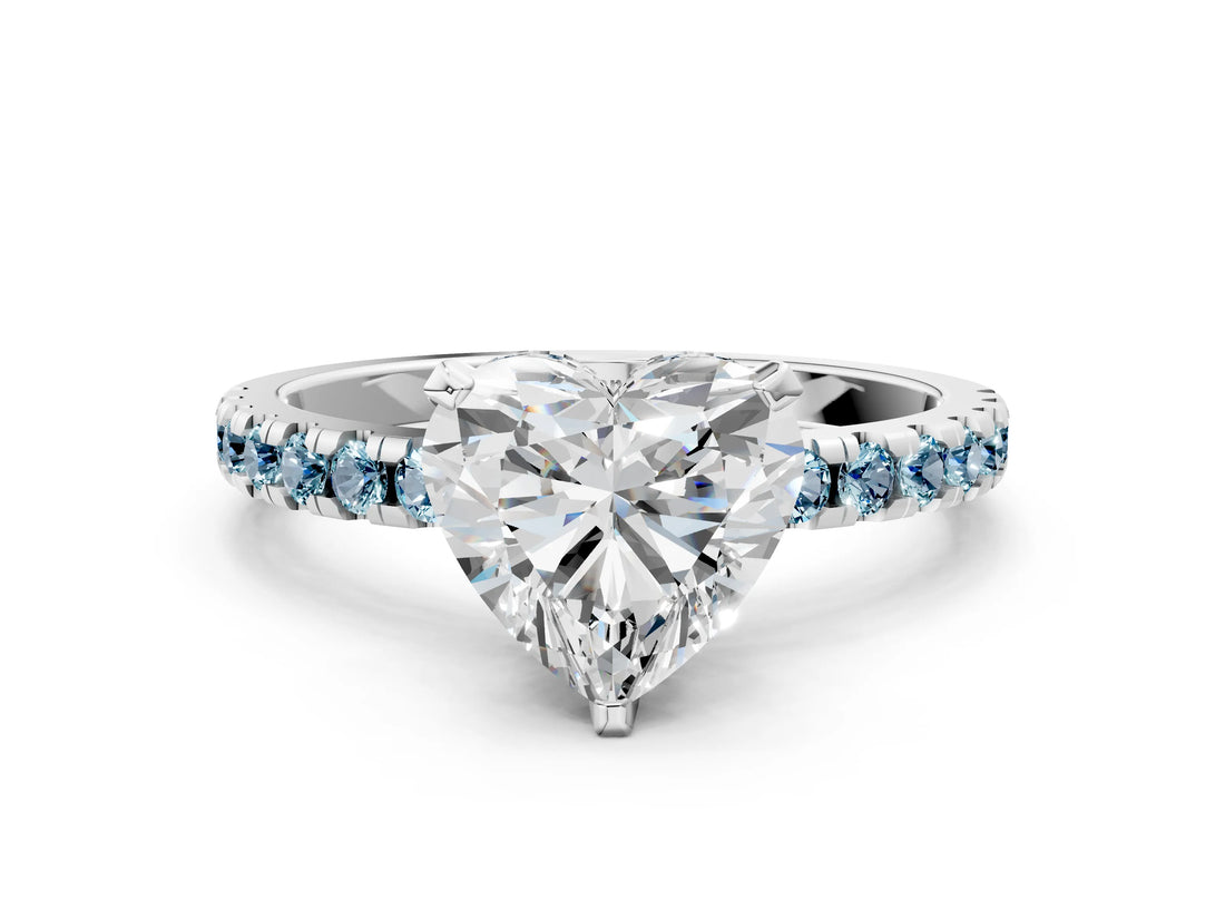 White gold Heart Cut Diamond Solitaire Ring with Round with Aquamarine side stone Pavé Band and Four-Prong Setting_36