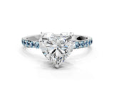 White gold Heart Cut Diamond Solitaire Ring with Round with Aquamarine side stone Pavé Band and Prong Setting_12