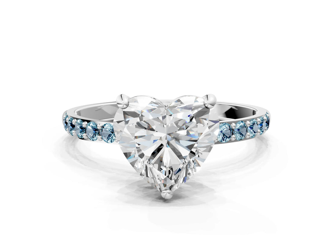 White gold Heart Cut Diamond Solitaire Ring with Round with Aquamarine side stone Pavé Band and Prong Setting_24