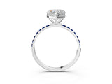White gold Heart Cut Diamond Solitaire Ring with Round with Blue Sapphire side stone Pavé Band and Prong Setting_3