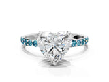 White gold Heart Cut Diamond Solitaire Ring with Round with Blue Topaz side stone Pavé Band and Prong Setting_12