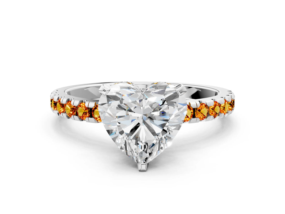 White gold Heart Cut Diamond Solitaire Ring with Round with Citrine side stone Pavé Band and Four-Prong Setting_12