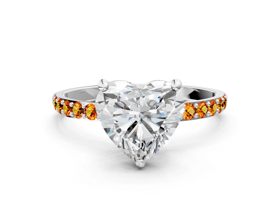 White gold Heart Cut Diamond Solitaire Ring with Round with Citrine side stone Pavé Band and Prong Setting
