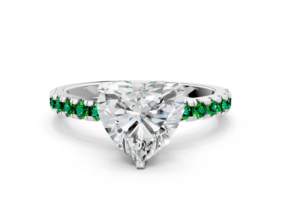 White gold Heart Cut Diamond Solitaire Ring with Round with Emerald side stone Pavé Band and Four-Prong Setting_12