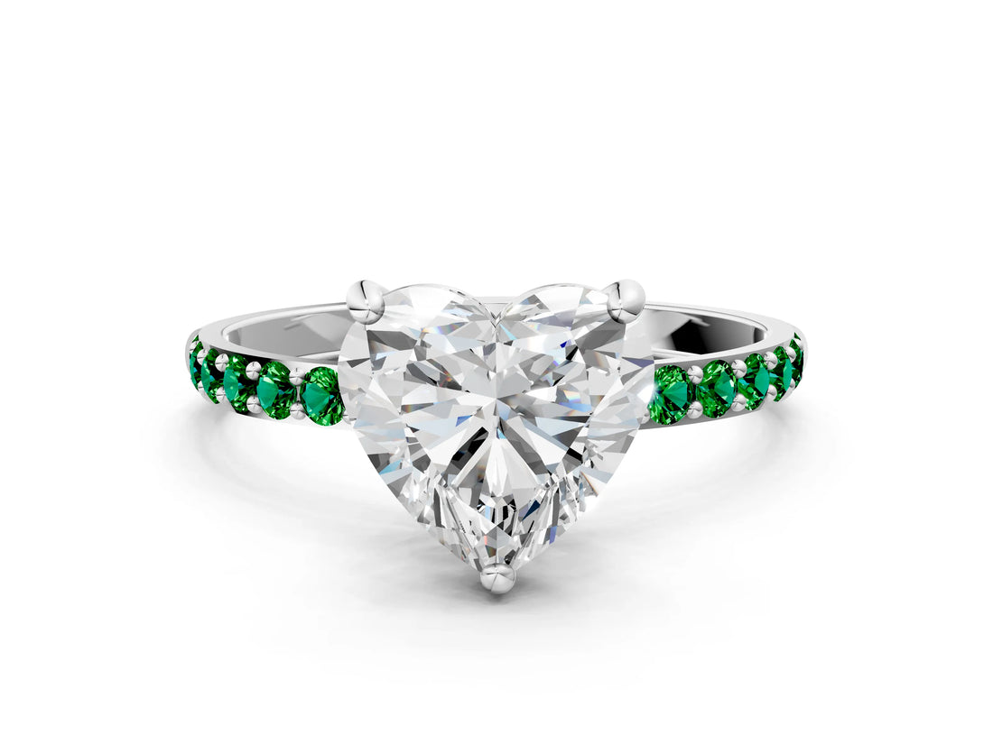 White gold Heart Cut Diamond Solitaire Ring with Round with Emerald side stone Pavé Band and Prong Setting_12