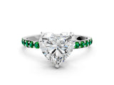 White gold Heart Cut Diamond Solitaire Ring with Round with Emerald side stone Pavé Band and Prong Setting_12