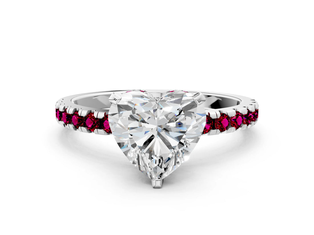 White gold Heart Cut Diamond Solitaire Ring with Round with Garnet side stone Pavé Band and Four-Prong Setting_36