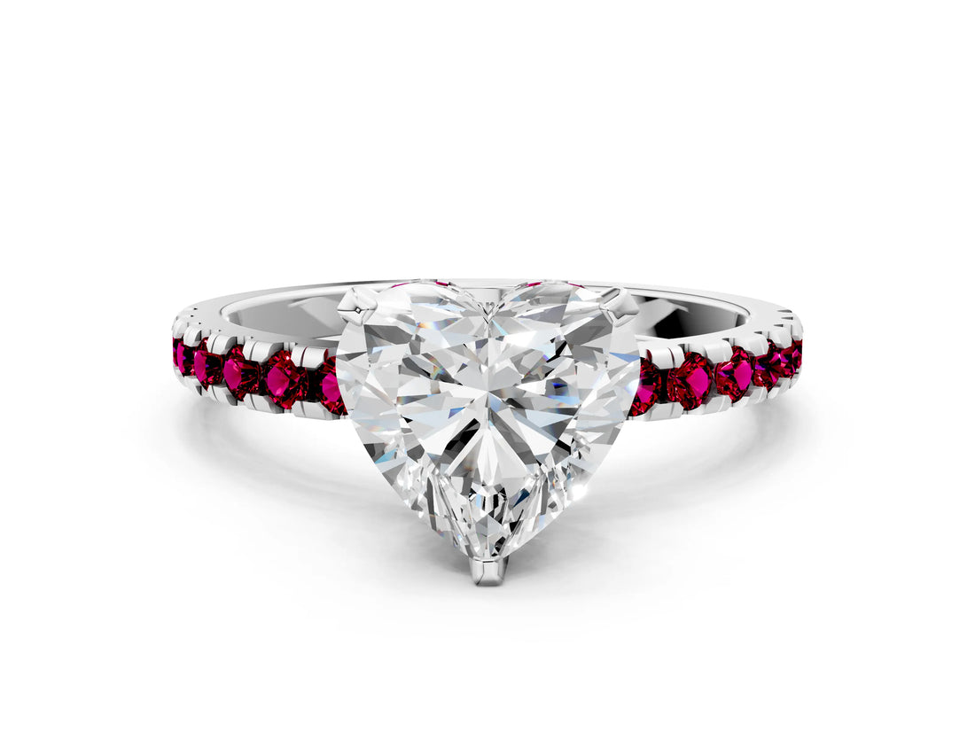 White gold Heart Cut Diamond Solitaire Ring with Round with Garnet side stone Pavé Band and Four-Prong Setting