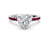 White gold Heart Cut Diamond Solitaire Ring with Round with Garnet side stone Pavé Band and Four-Prong Setting