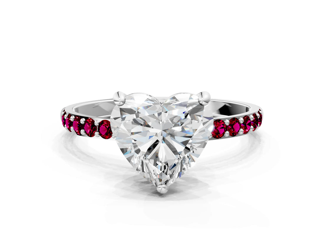 White gold Heart Cut Diamond Solitaire Ring with Round with Garnet side stone Pavé Band and Prong Setting_12