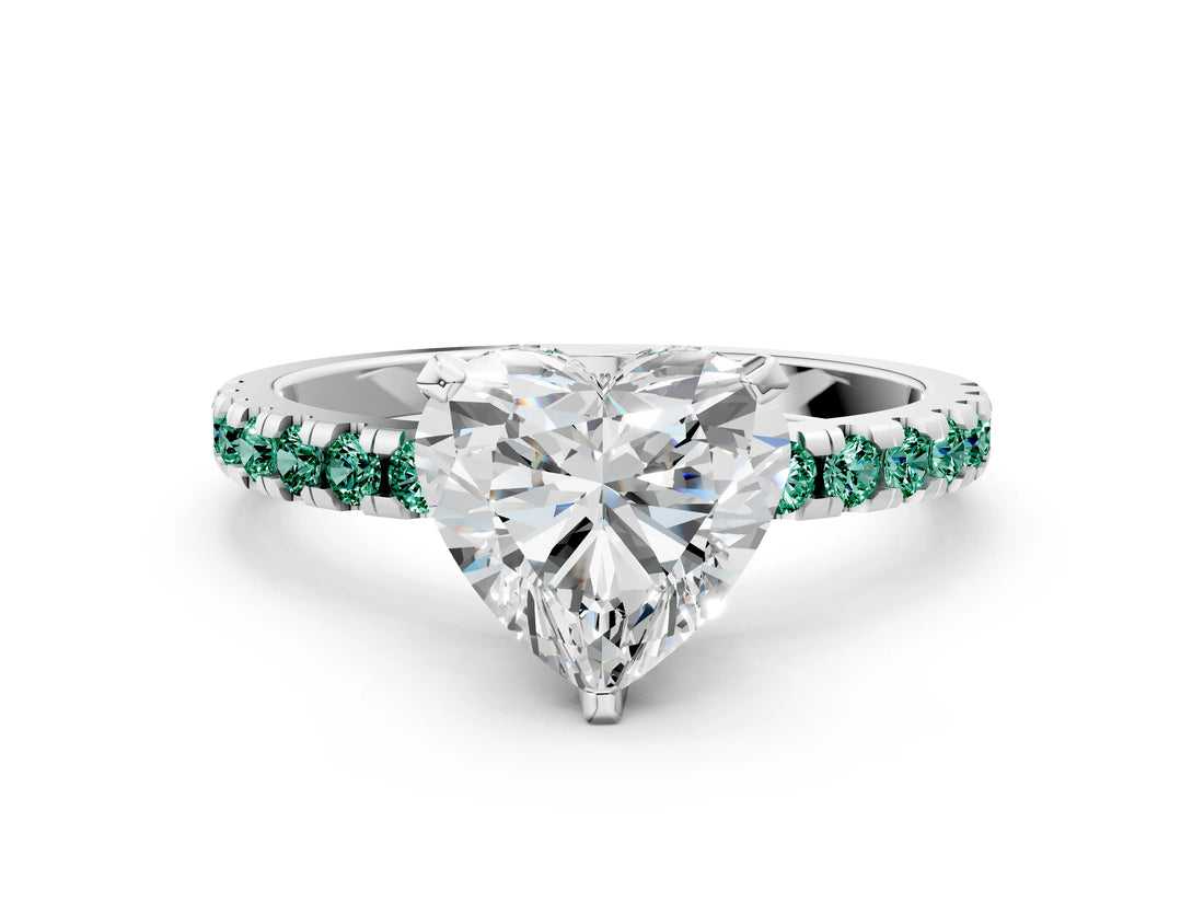 White gold Heart Cut Diamond Solitaire Ring with Round with Green Sapphire side stone Pavé Band and Four-Prong Setting_36