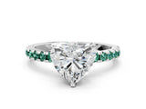 White gold Heart Cut Diamond Solitaire Ring with Round with Green Sapphire side stone Pavé Band and Four-Prong Setting
