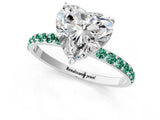 White gold Heart Cut Diamond Solitaire Ring with Round with Green Sapphire side stone Pavé Band and Prong Setting_1