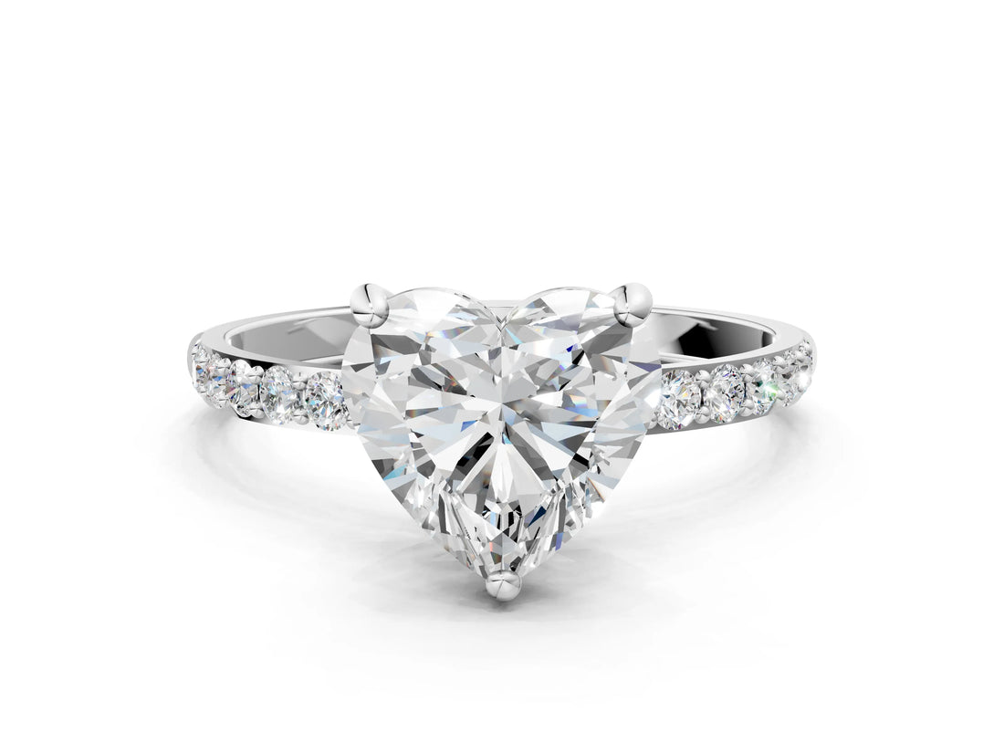 White gold Heart Cut Diamond Solitaire Ring with Round with Moissanite side stone Pavé Band and Prong Setting_12