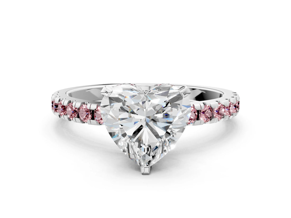White gold Heart Cut Diamond Solitaire Ring with Round with Morganite side stone Pavé Band and Four-Prong Setting_12