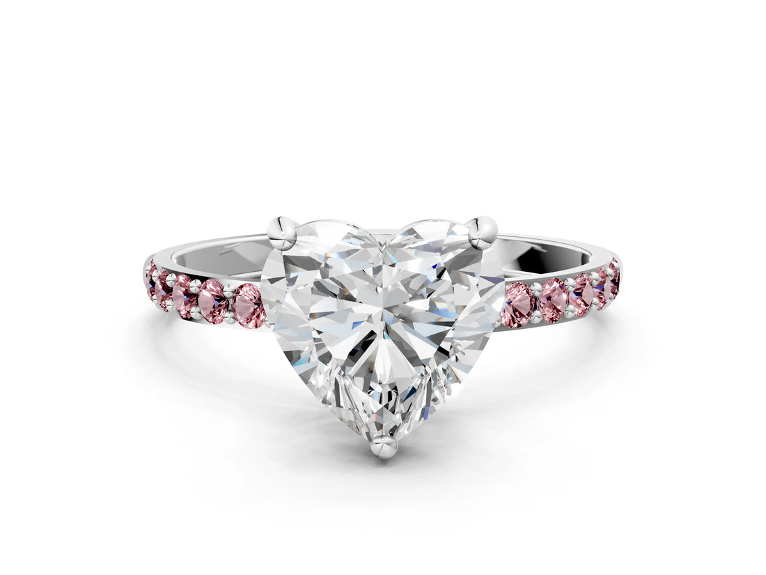 White gold Heart Cut Diamond Solitaire Ring with Round with Morganite side stone Pavé Band and Prong Setting_12