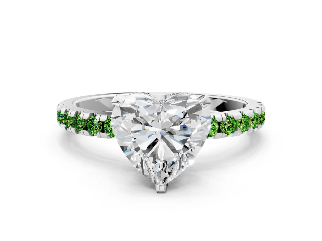 White gold Heart Cut Diamond Solitaire Ring with Round with Peridot side stone Pavé Band and Four-Prong Setting_12