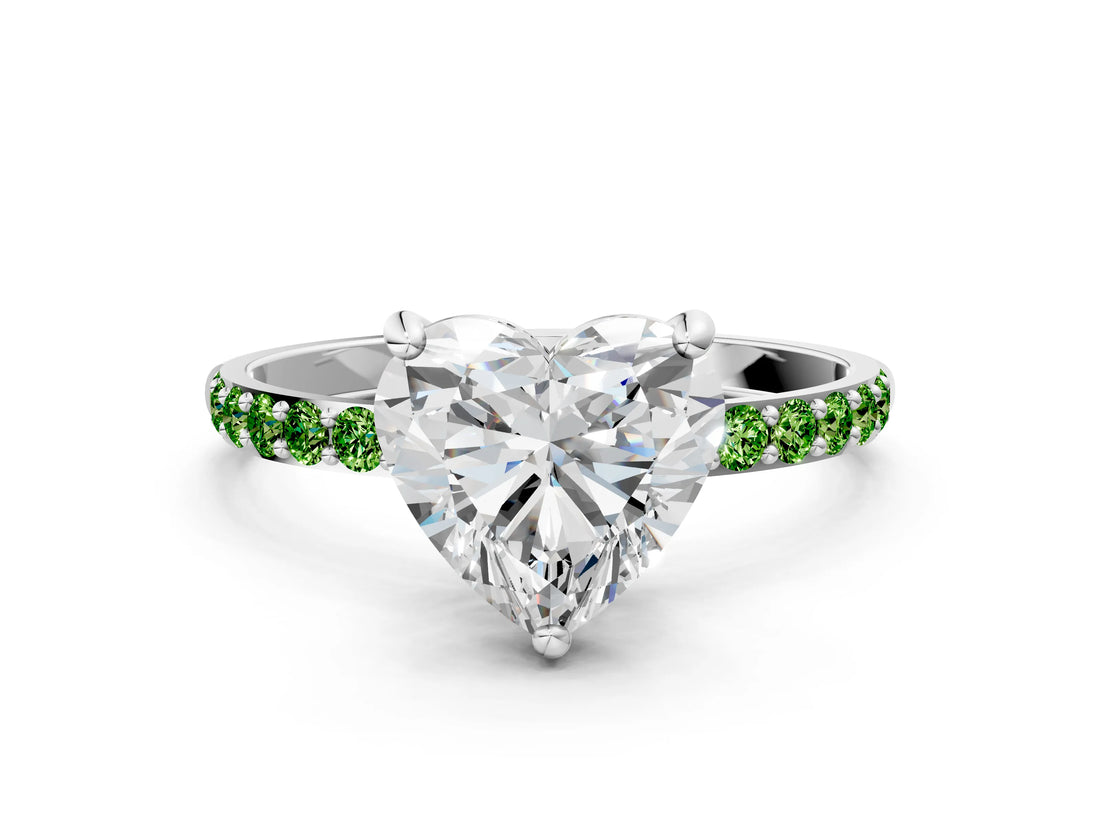 White gold Heart Cut Diamond Solitaire Ring with Round with Peridot side stone Pavé Band and Prong Setting_24