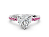 White gold Heart Cut Diamond Solitaire Ring with Round with Pink Sapphire side stone Pavé Band and Four-Prong Setting