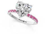 White gold Heart Cut Diamond Solitaire Ring with Round with Pink Sapphire side stone Pavé Band and Prong Setting_1