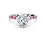 White gold Heart Cut Diamond Solitaire Ring with Round with Pink Sapphire side stone Pavé Band and Prong Setting_12